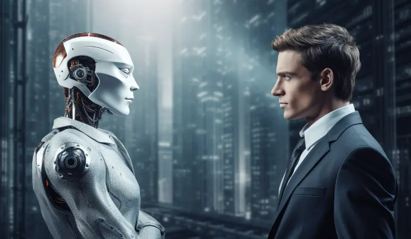 AI 관리자와 인간 상사가 직장에서 리더십과 의사결정 권한을 두고 대립하는 모습