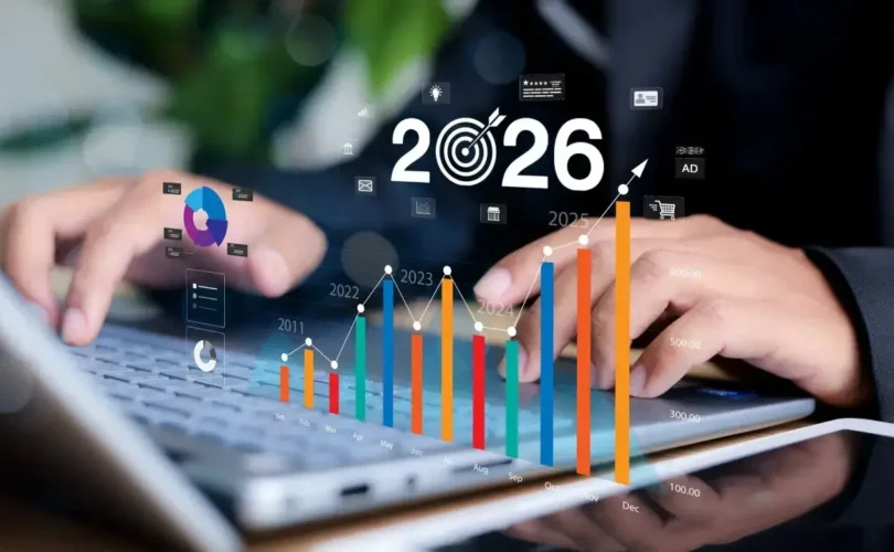 2026년 디지털 마케팅의 이점을 보여주는 AI 기반 데이터 분석과 온라인 비즈니스 성장 전략 시각화 이미지